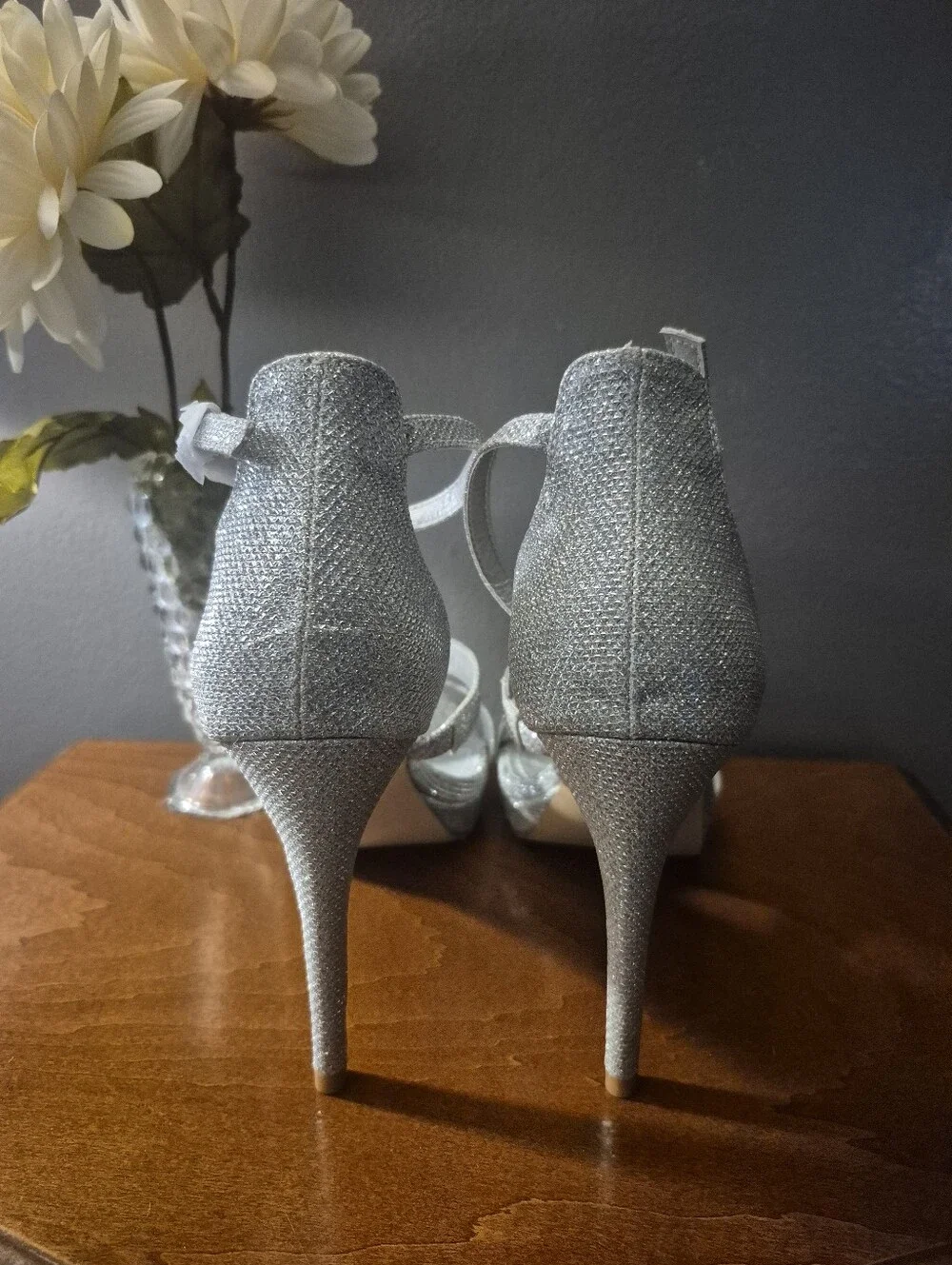 Silver Glitter Ankle-Strap Stiletto Heels